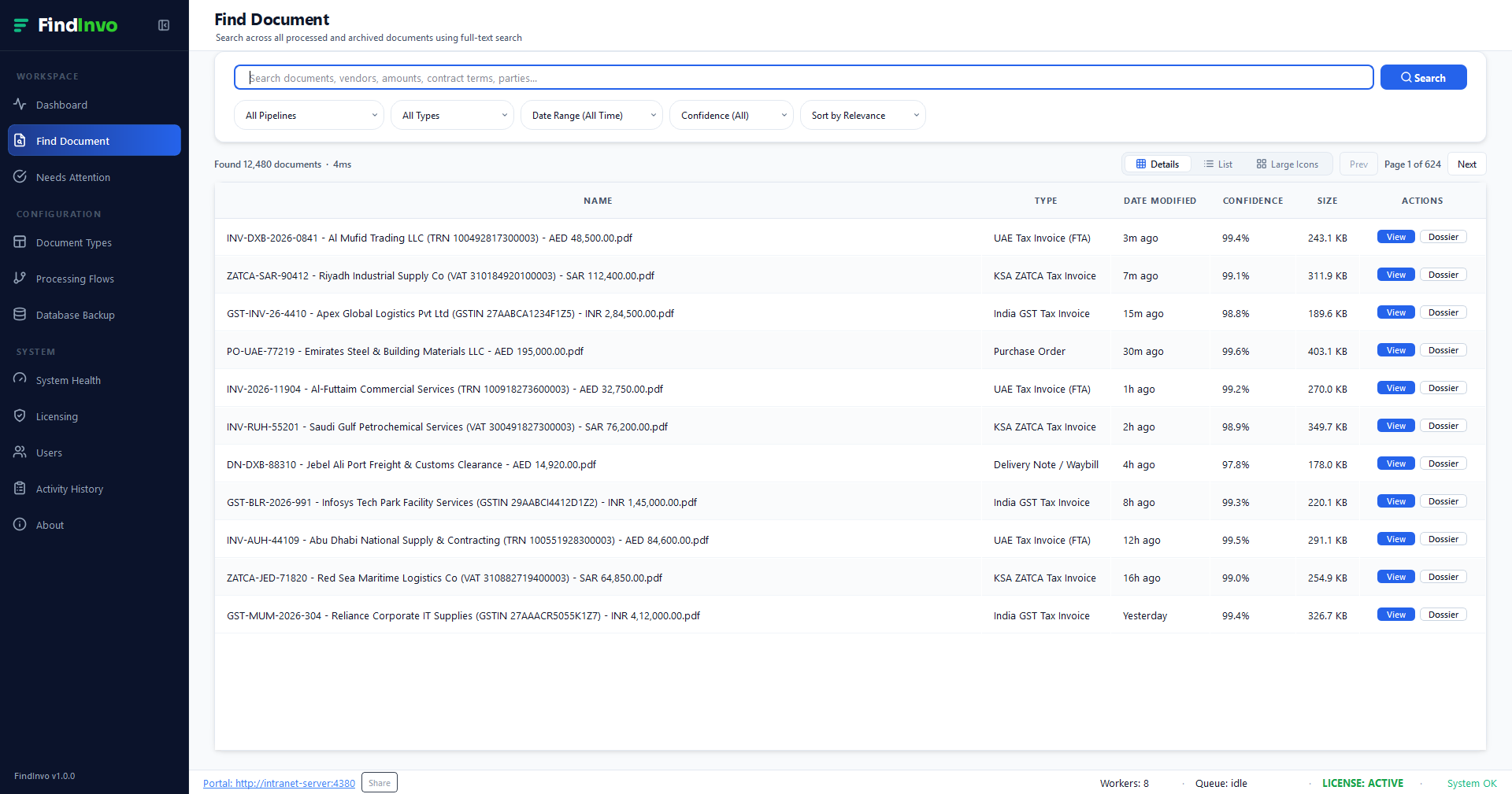 FindInvo Windows Desktop Application showing instant search across UAE FTA Tax Invoices, Saudi ZATCA VAT Invoices, and India GST Invoices